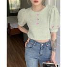 Flower Embroidered Knit Crop Top Light Green - One Size