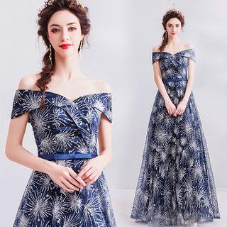 Glitter Printed Off-shoulder A-line Evening Gown