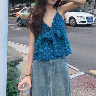 Spaghetti Strap Plaid Top Blue & Green - One Size
