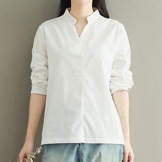 Flower Embroidered Split Neck Long Sleeve Top