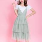 Set : Tiered Spaghetti Strap Dress + Short-sleeve T-shirt