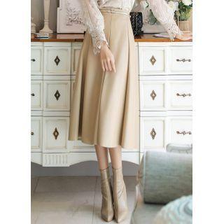 Seam-trim Pleather Long Flare Skirt