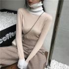 Color-block Turtle-neck Long-sleeve Slim-fit Knit Top