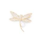 Elegant And Bright Plated Gold Dragonfly Cubic Zirconia Brooch With White Imitation Pearls Golden - One Size
