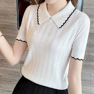 Short-sleeve Collar Pointelel Knit Top