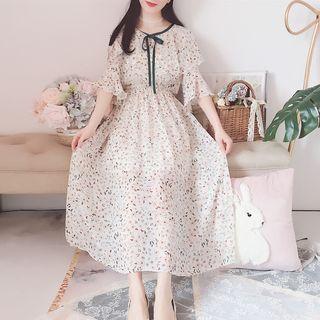 Elbow Bell-sleeve Floral Print Maxi Dress