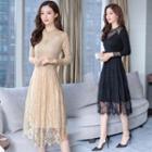 Long-sleeve Lace Overlay A-line Midi Dress