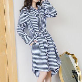 Long-sleeve Striped Tie-waist Shirt Dress