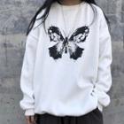 Butterfly-print Round Neck Pullover White - One Size