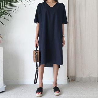 V-neck Elbow-sleeve Linen Blend Midi A-line Dress