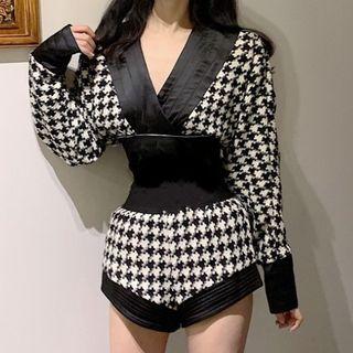 Houndstooth V-neck Long-sleeve Top / High-waist Shorts