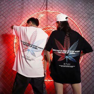 Couple Matching Elbow-sleeve Leaf Print T-shirt