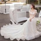 Mesh Panel Short Sleeve Wedding Gown With Train