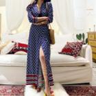 3/4-sleeve Patterned Wrap Maxi A-line Dress