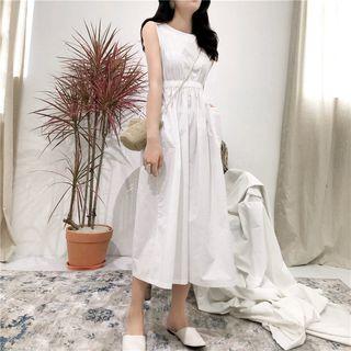 Plain Sleeveless Elastic-waist Midi Dress