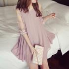 Sheer Panel Elbow-sleeve Pleated Chiffon Dress
