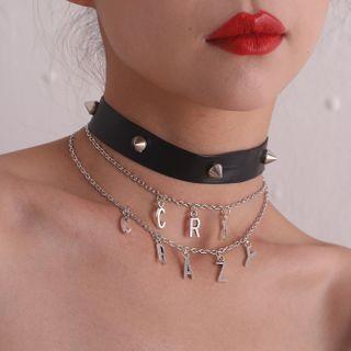 Alloy Lettering Studded Faux Leather Layered Choker