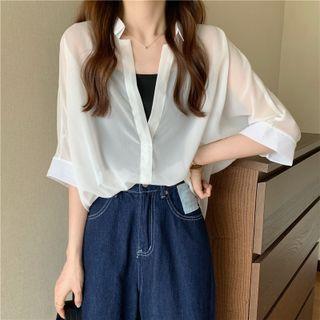 Elbow-sleeve Open-collar Chiffon Blouse