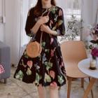 3/4-sleeve Round-neck Floral Print Dress Black - One Size