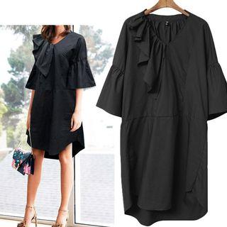 Plain Ruffle Trim Elbow Sleeve Dress