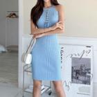 Sleeveless Knit Mini Sheath Dress Blue - One Size
