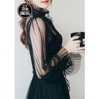 Set: Pleated Sheer Tulle Dress + Slipdress