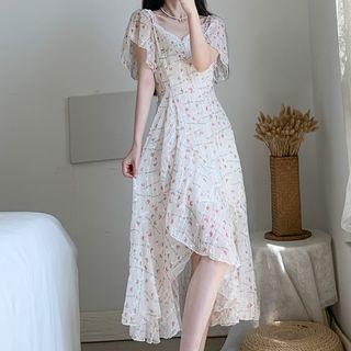 Ruffle Sleeve Print Irregular Hem Dress