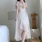 Ruffle Sleeve Print Irregular Hem Dress