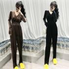 Long-sleeve V-neck Velvet Jumpsuit