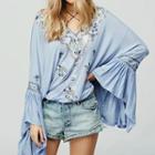 Long-sleeve Embroidered Ruffled Top