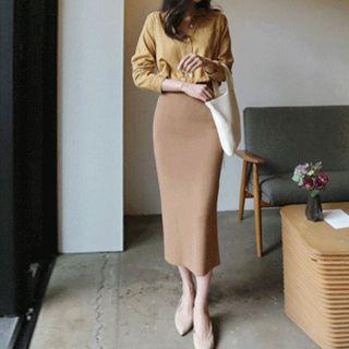 Band-waist Slit-hem Knit Skirt