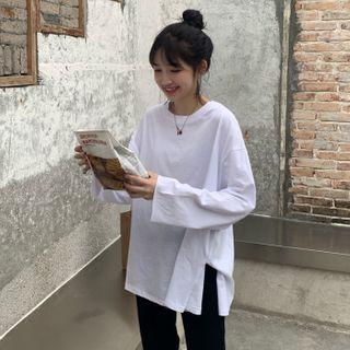 Plain Long-sleeved Split Round Collar Top White - One Size