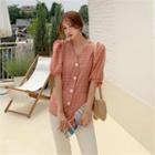 Puff-sleeve Checked Sheer Blouse Pink - One Size