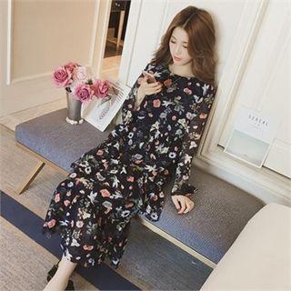 Round-neck Floral Chiffon Long Dress