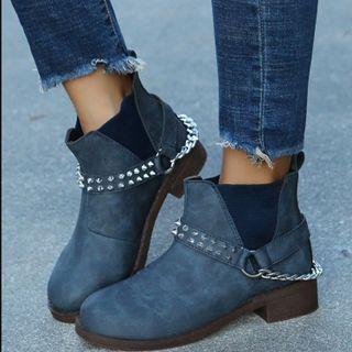 Block Heel Studded Chained Ankle Boots