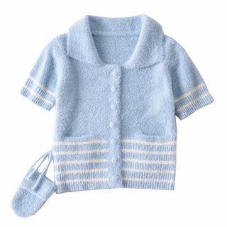 Short-sleeve Collared Fluffy Cropped Cardigan