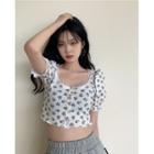 Short-sleeve Flower Print Cropped T-shirt Blue Floral - White - One Size