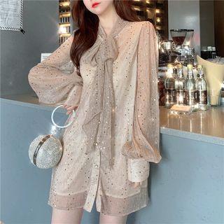 Long Sleeve Glitter Sheer Dress Pink - One Size