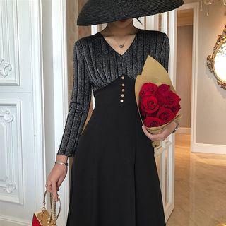 Long-sleeve Glitter Paneled A-line Midi Dress