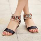 Beaded Faux-leather Low-heel Sandals