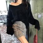 V-neck Furry Sweater/ Leopard Print Mini A-line Skirt