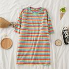 Rainbow Striped Short Sleeve T-shirt Dress Rainbow Stripe - One Size