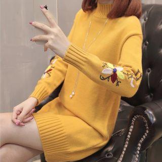 Mock Turtleneck Flower Embroidered Mini Sweater Dress