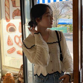 Collared Contrast-trim Pointelle Cropped Cardigan Ivory - One Size