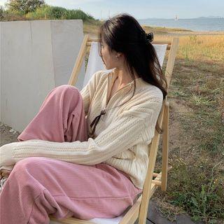 Pointelle Knit Zip Cardigan Almond - One Size