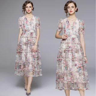 Short-sleeve Print Tiered Mesh Midi A-line Dress