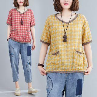 Plaid V-neck Short-sleeve T Shirt