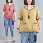 Plaid V-neck Short-sleeve T Shirt