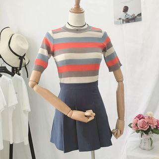 Set: Striped Short-sleeve Knit Top + Pleated Skirt