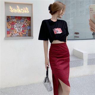 Short-sleeve Printed T-shirt / Plaid Slit Midi Pencil Skirt